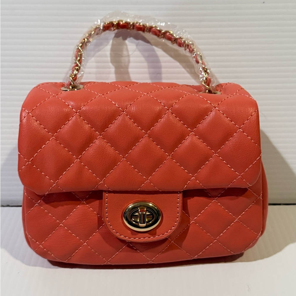 NWT SOFT Vegan Leather Chic Coral Quilted Handbag with Gold Crossbody Strap